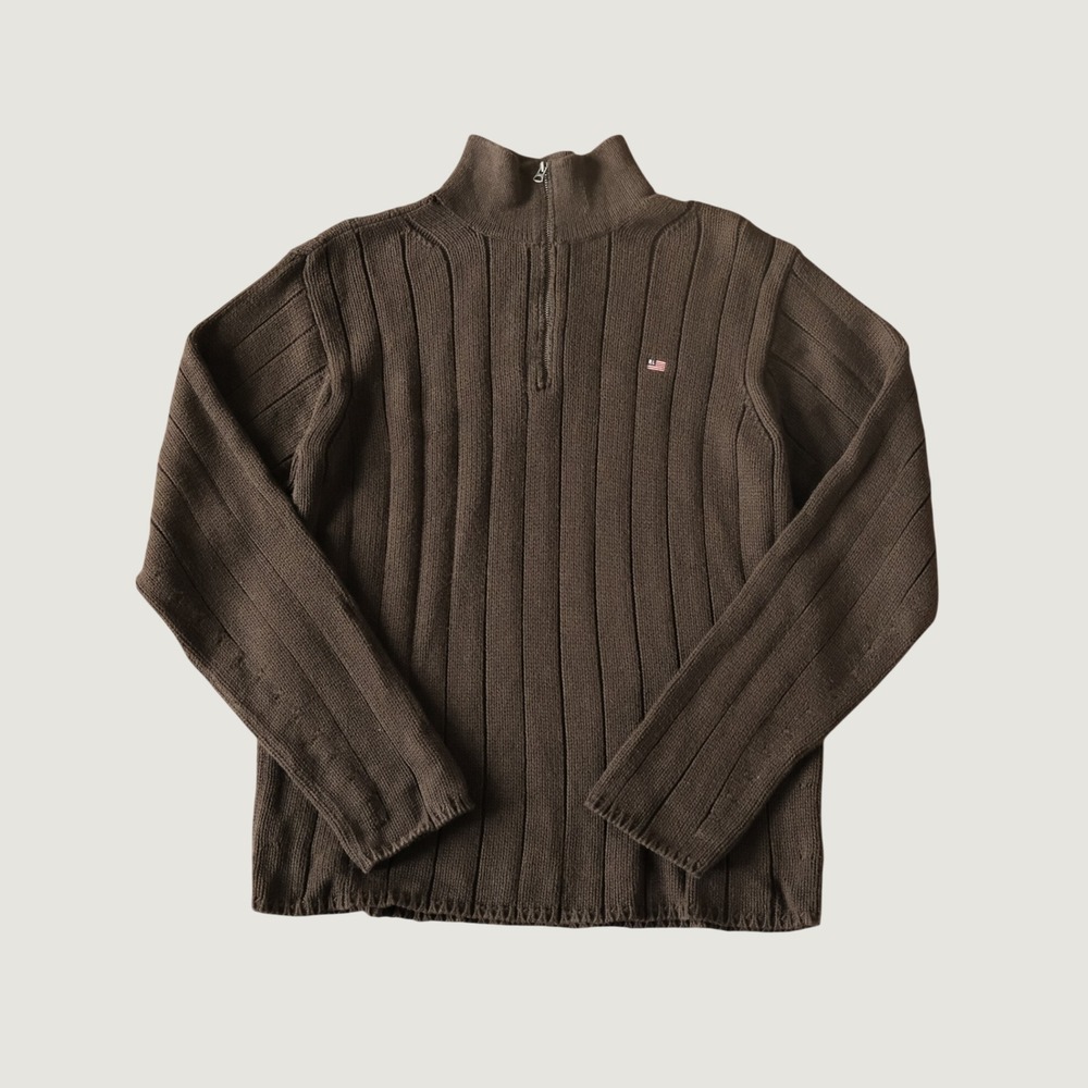 Polo Jeans Co Ralph Lauren Quarter Zip Sweater Brown Ribbed Cotton Mens Size M